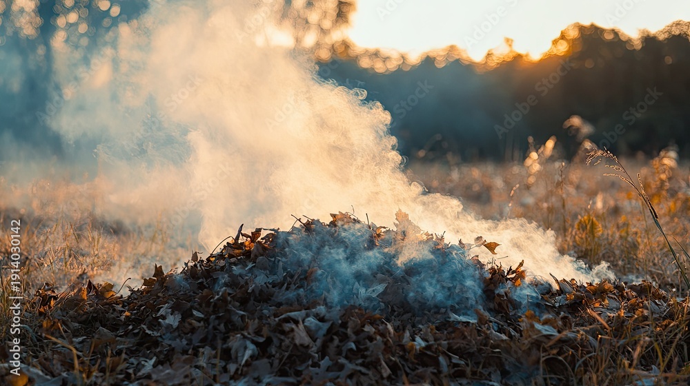 Fototapeta premium Smoke Rising from a Pile of Burning Leaves in a Golden Sunset Over a Rural Field Surrounded by Trees and Grass, Nature in Autumn
