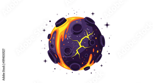 A cartoon illustration of an alien planet with a dark purple cratered surface, featuring yellow and orange lava flows on white.