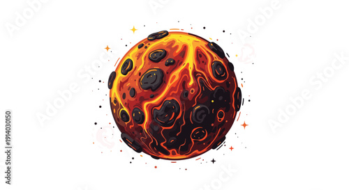 A detailed cartoon illustration of a molten planet with an irregular surface of orange lava and dark rock formations on white.