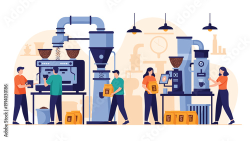 Busy coffee processing factory interior with automated machinery and employees packing bags and making beverages.
