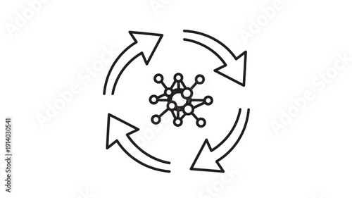 3D molecular network structure with circular flow arrows symbolizing teamwork, collaboration, and data synergy in business innovation and technology
