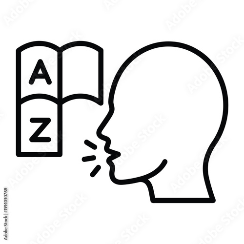 A person reading an open book aloud represented in simple line art