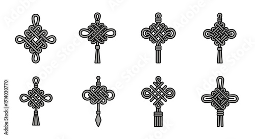 Collection Of Eight Intricate Chinese Knots With Tassels In Black Outline On A White Background symbolizing Good Fortune And Prosperity