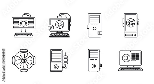 Computer Component Icons Set Featuring Cooling Fans CPU Towers Server Racks And Motherboard Elements In A Clean Monochrome Line Art Style Isolated On White Background