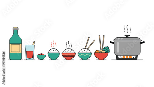 Colorful set of traditional asian food icons featuring bowls of rice and soup with a steaming cooking pot on stove.