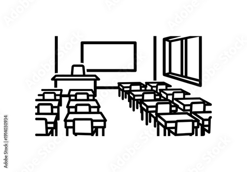 Empty Classroom with Desks Whiteboard and Windows Illuminated by Natural Light During Daytime School Education Learning Environment Organized Rows of Furniture Ready for Students in a Bright Space