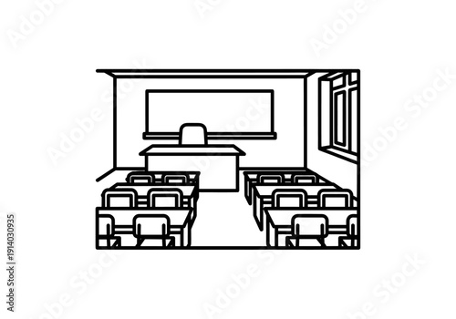 Empty Classroom With Desks Chairs And Whiteboard Ready For Learning And Education Natural Light From Window