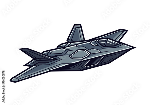 Modern Fighter Jet Aircraft in Gray Camouflage with Angular Wings and Cockpit Windows in a White Background