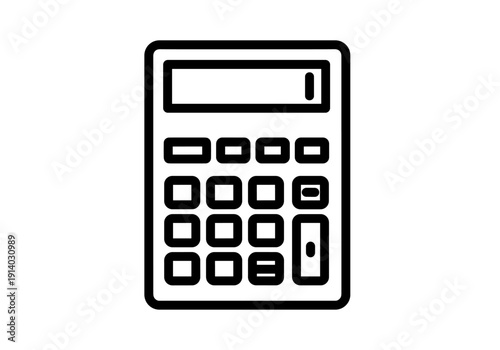 Minimalist Line Art Icon of a Simple Calculator Featuring a Display Screen and Numeric Keypad on a Clean White Background