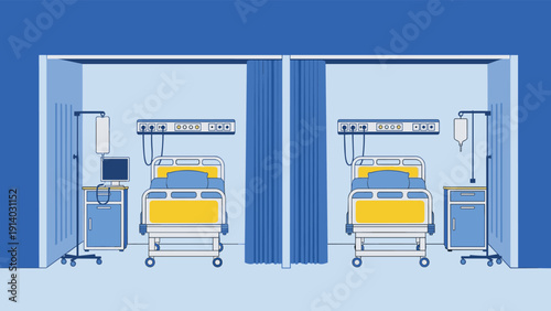 Interior view of clean and empty hospital ward with two patient beds and medical equipment separated by blue curtains.