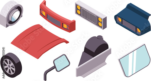 Isometric car parts illustration with bumper, hood, wheel, headlight, grille, mirror, window, automotive components vector collection set design