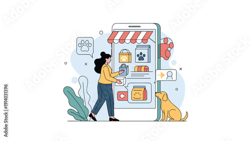 Young woman browsing pet shop mobile app on large smartphone screen to buy healthy food and accessories for her dog.