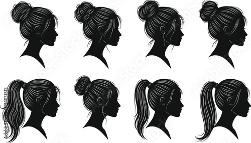 Vector Collection of Woman Head Silhouettes in Profile with Messy Bun and Ponytail Hairstyles for Beauty Salon and Hairdresser Logo