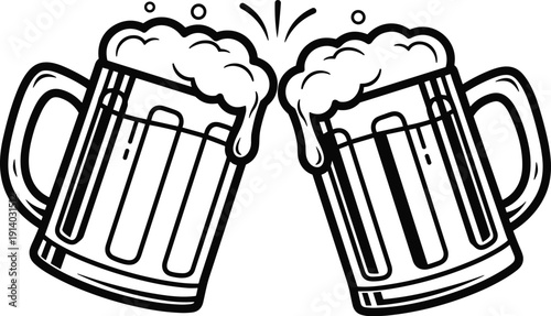 Vector Illustration of Two Clinking Beer Mugs with Foam for Oktoberfest Celebration and Pub Logo Design on Isolated White Background