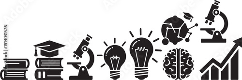 Education and learning icons in black and white illustration