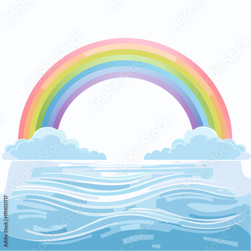 Vibrant Rainbow Arching Over Calm Water with Fluffy Clouds