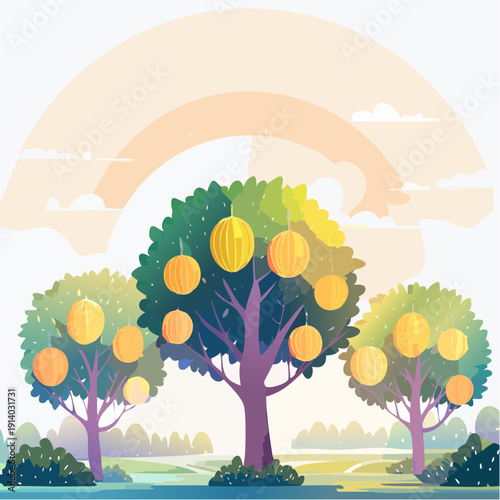 Vibrant illustration of a bountiful orchard with three fruit trees laden with golden fruit, set against a serene sky with soft, colourful clouds, symbolizing natural abundance and peaceful growth