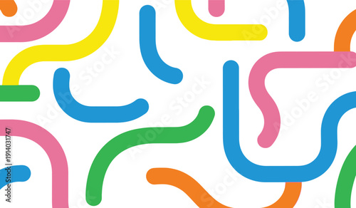 Bright and cheerful abstract pattern of scattered curved lines in pink, yellow, blue, and green. Playful, modern design for kids' rooms and creative spaces.