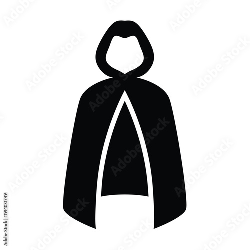 Simple black silhouette of a figure wearing a hooded cloak