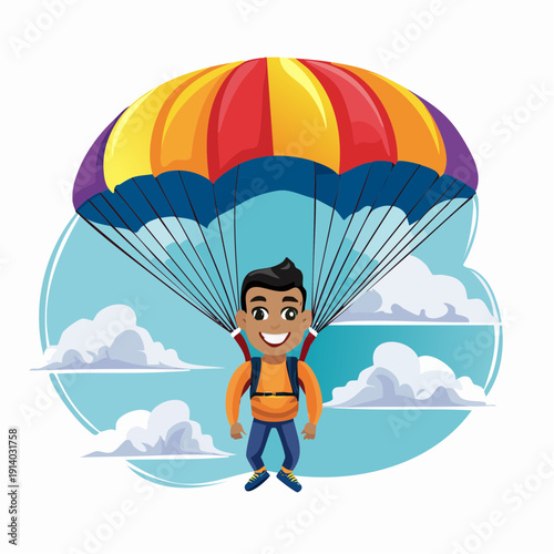 Joyful cartoon skydiver soaring with a bright parachute, embracing the thrill of a high-flying aerial experience