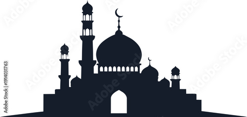 Silhouette of a majestic mosque with domes and minarets against a bright background