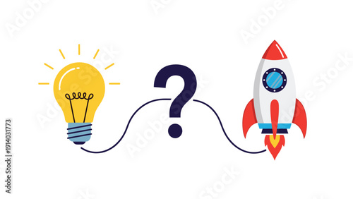Conceptual illustration of business startup showing idea bulb connected to flying rocket with question mark in middle.