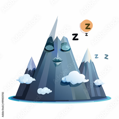 Whimsical Cartoon Illustration of Majestic Mountain Range Sleeping Peacefully Beneath a Dreamy Sky with Zzz Symbols