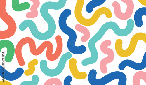 Playful abstract wavy lines pattern in vibrant coral, teal, yellow, pink, and blue against white background. Minimalist fun doodle shapes.