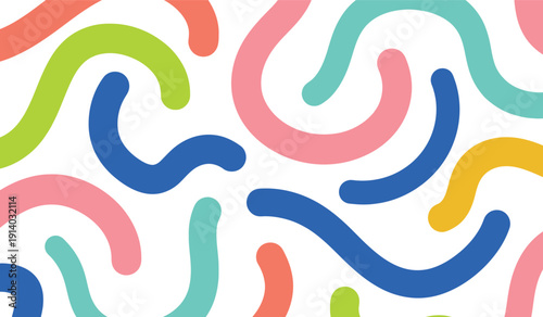 Abstract repeating pattern of colorful wavy lines in pink, green, blue, and yellow on a white background. Playful and organic decorative design.