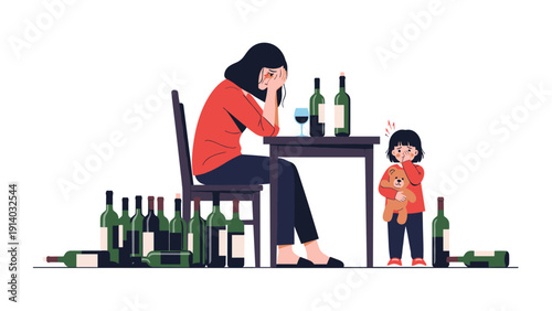 Heartbreaking scene of depressed mother sitting at table with alcohol bottles while her young child watches sadly.
