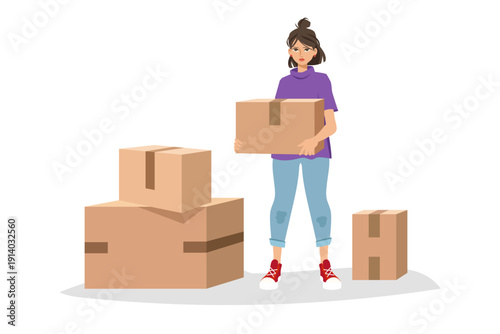 Girl with a box. Moving. Character. Vector cartoon illustration.
