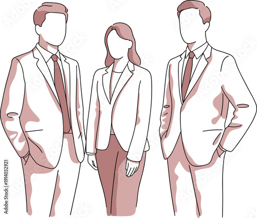Business team line art illustration, professional corporate people standing together isolated on white background for teamwork leadership concept design