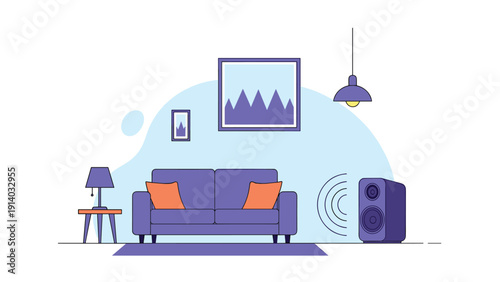 Stylish living room interior design with purple sofa and large speakers playing loud music with sound wave icons.