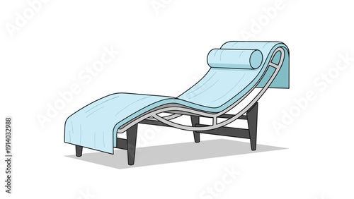 Comfortable modern chaise lounge chair with blue cushion and pillow for relaxation isolated on white background.