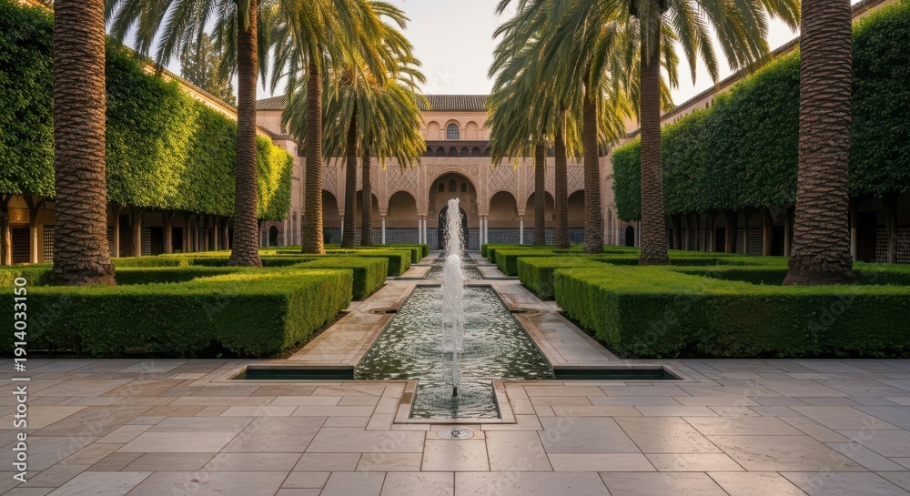 Obraz premium A serene courtyard with a water feature and lush greenery surrounded by a historic building. illustration