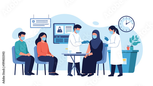 Diverse group of people wearing face masks wait for medical vaccinations administered by professional healthcare workers in a clinic.