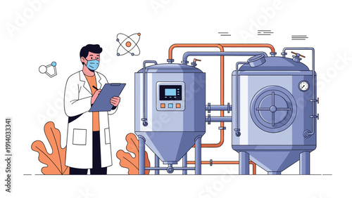 Professional chemical engineer or scientist in a lab coat and face mask takes notes near large industrial storage tanks in a factory.