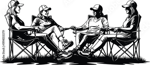 Black And White Line Art Illustration Of A Group Of Four Women In Baseball Caps Sitting In Folding Chairs Relaxing And Talking Outdoors For Camping Summer Vacation Friendship Or Leisure Concept 