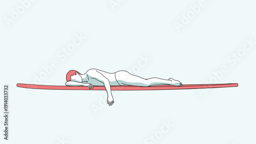 Human figure lies face down on a long red board representing a state of exhaustion, deep rest, or physical surrender.