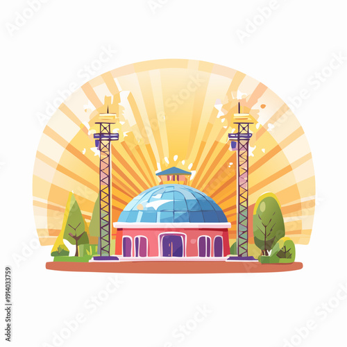 Modern science center with a prominent dome and towering antennas bathed in vibrant sun rays, symbolizing discovery and communication