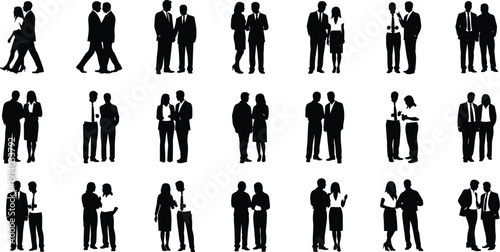 Large Set Of Black Silhouettes Featuring Business Men And Women In Pairs Engaged In Meetings Conversations And Professional Networking For Corporate Communication Human Resources Or Office Lifestyl