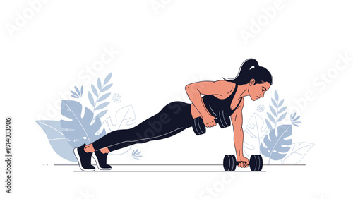 Athletic woman performs a challenging plank exercise while lifting a heavy dumbbell to build core strength and muscular endurance.