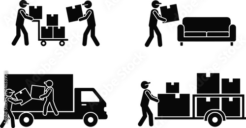 Set Of Black Pictograms Featuring Logistics Workers Loading Moving Boxes Onto Hand Trucks Vans And Trailers Or Carrying A Sofa For Delivery Transportation Storage Or Relocation Concept Vecto