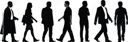 Set Of Black Silhouettes Featuring Diverse Men And Women Walking In Professional And Casual Attire For Urban Life Business Community Commuting Or Pedestrian Concept Vector Illustration Isolated