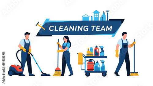 Professional cleaning team equipped with a vacuum cleaner, brooms, and a utility cart full of detergents ready for service.
