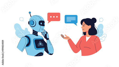 Female character engages in a friendly conversation with a sophisticated AI robot, symbolized by digital speech bubbles between them.