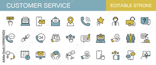 カスタマーサービスやカスタマーセンターに関するラインアイコンセット（線幅変更可能・カラー）