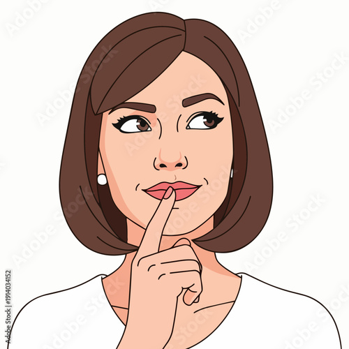 Illustration of a contemplative woman with finger to lips, indicating silence or thoughtfulness, from a frontal viewpoint.