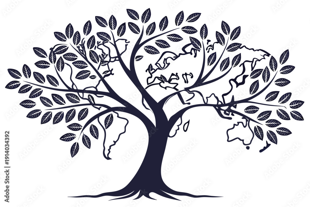 Fototapeta premium A minimalist vector illustration of a tree with leaves and roots on a white background