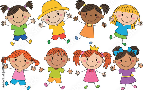 Eight diverse cheerful children are happily jumping with outstretched arms on a clean white background
